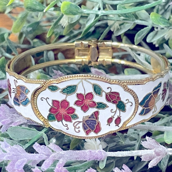 Enamel Flowers and Butterflies Vintage Cuff Bangle - Picture 1 of 5